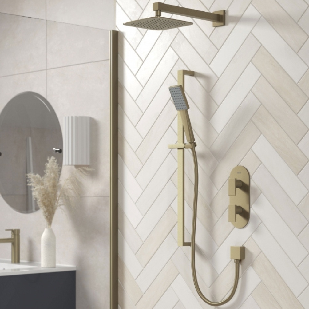 Lifestyle image of the Bristan Tangram Brushed Brass Dual Outlet Thermostatic Shower Pack